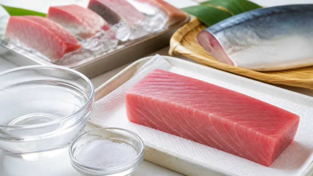 スーパーの刺身のさくは洗うと水っぽくなる｜真水NG・塩水3％で臭みだけ取る正しい下処理のアイキャッチ画像
