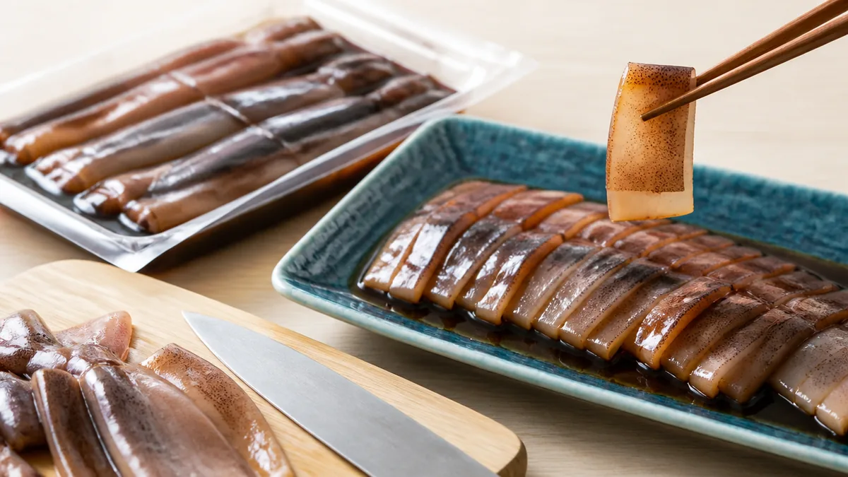 イカ沖漬けの食べ方は「冷凍のまま3ミリスライス」が基本形の解説画像
